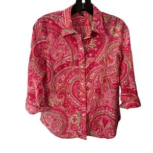 Lauren Ralph Lauren Women’s button Up Top Blouse Pink paisley 3/4 Sleeve Sz M/P